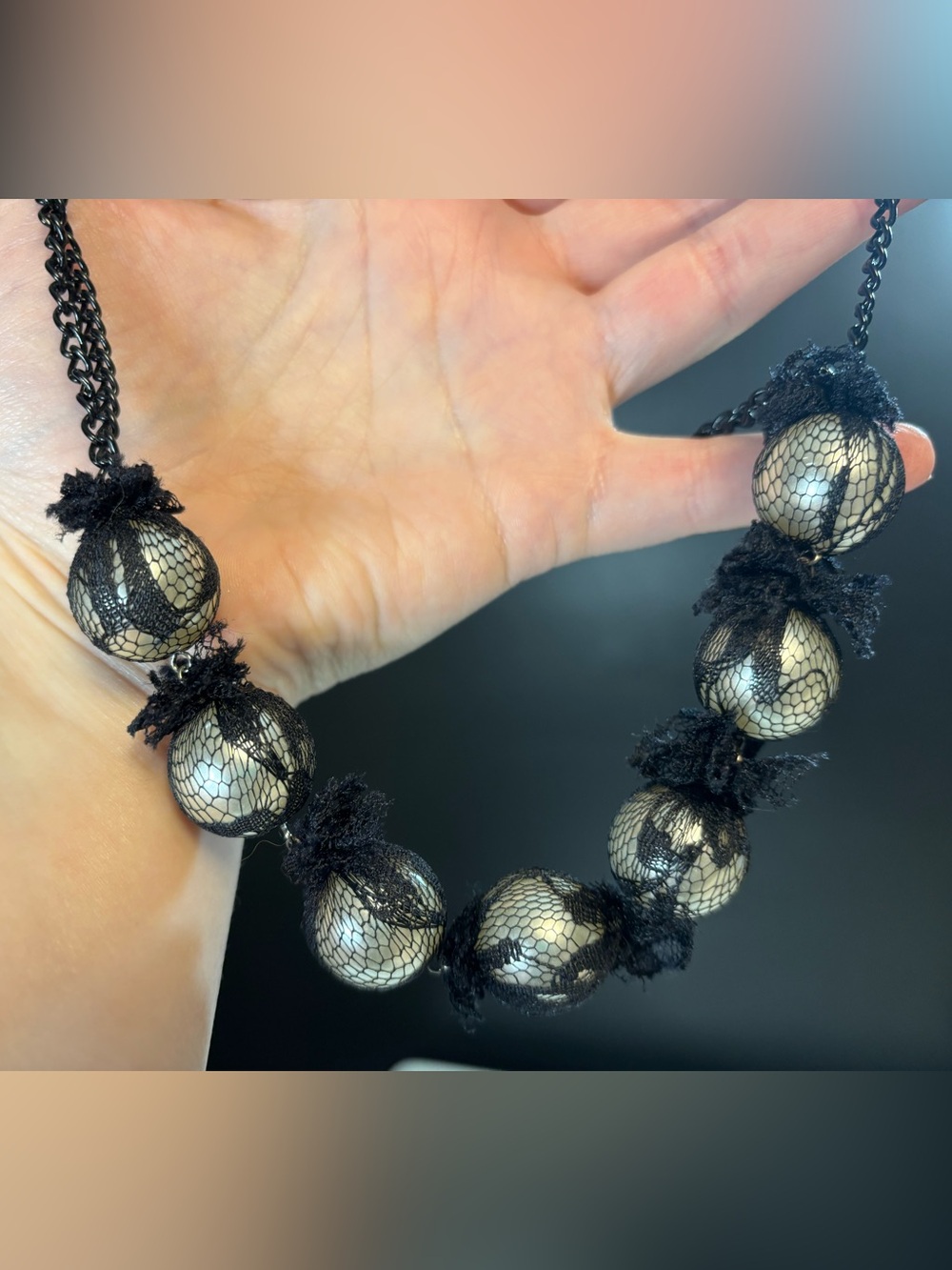 Black Lace Tulle Pearls Statement Necklace & Earring Set - Picture 4 of 5